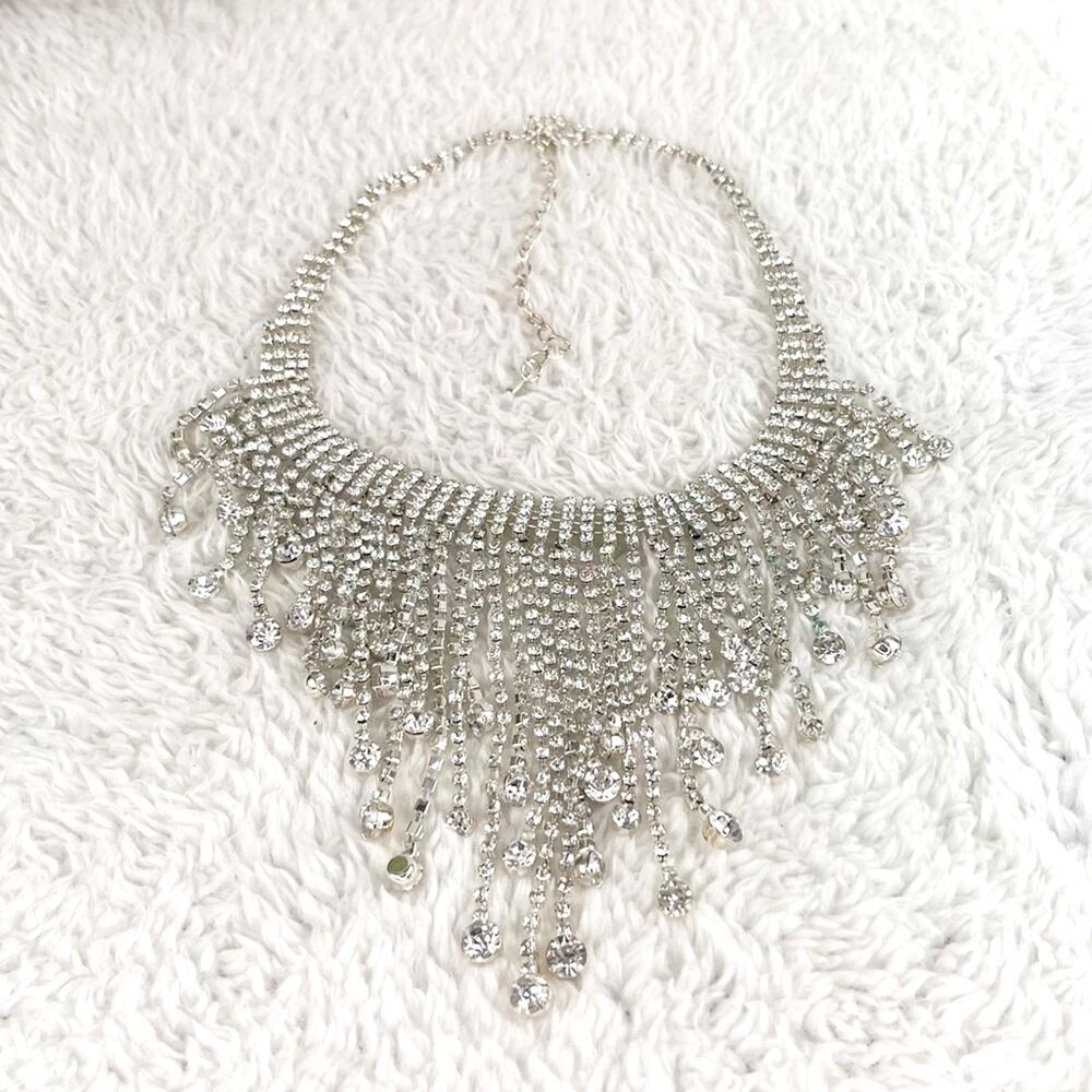 Silver Metal Rhinestone Gem Bejeweled Tassel Necklace Glam Statement Jewelry